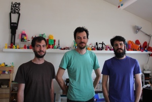 Jorge Hernáez, Adam Jorquera and Javier Gordillo cofounders of Los Hacedores, a 3-D printing workshop and school in Madrid.  Photo by Joe Thomas