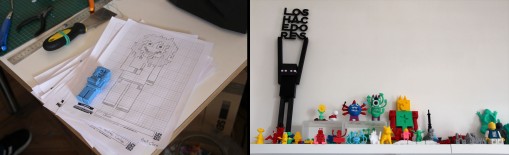 Left: A Minecraft- themed toy designed by one of the children that attended a workshop at Los Hacedores. Right: 3-D printed toys designed by children are displayed at Los Hacedores.  Photos by Monica Vallejo